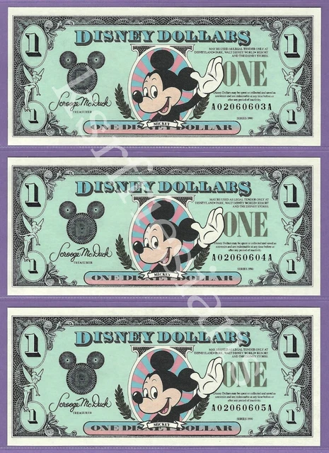 1990 $1 MICKEY DISNEY DOLLARS (3) Consecutive A02060603A - A02060605A