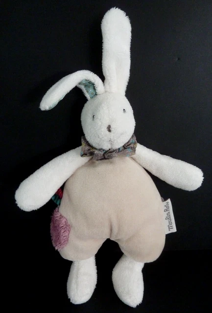 *. DOUDOU PELUCHE MOULIN ROTY LAPIN LUC ET LEA BEIGE ROND ROSE GRELOT 20cm TTBE