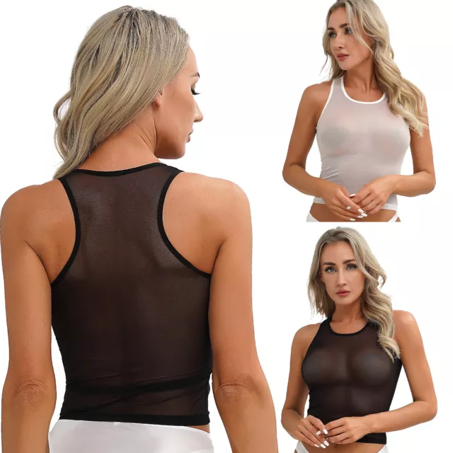 Women Sexy Mesh Sheer Transparent Tank Top Vest Blouse Crop Top Shirt Cami  Tops 