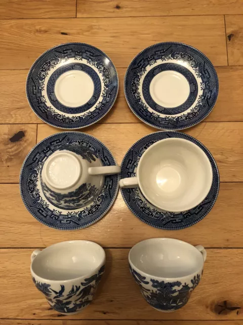 Set Of 4 Churchill Blue Willow China Plate Mug Tea Cup Saucer Dinner Vintage