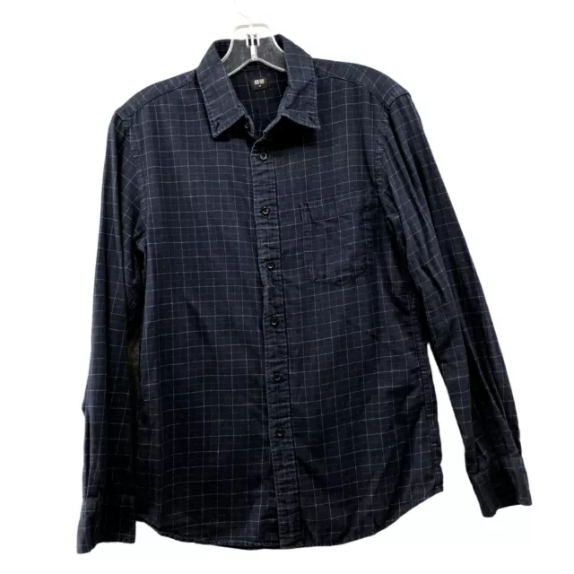 Uniqlo Lightweight Flannel Shirt Mens XS Navy Blue Plaid Long Sleeve Cotton