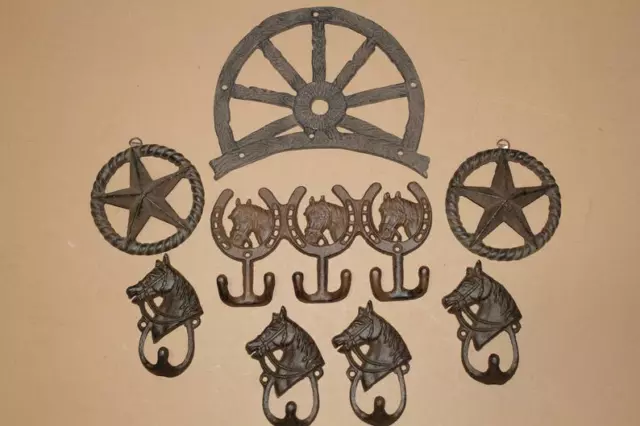(8) Gift For Her Rustic Western Wagon Wheel Decor Cast Iron Plaques Wall Hooks