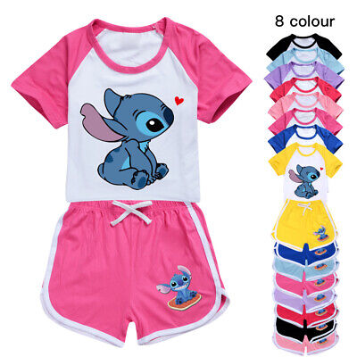 Girls Lilo and Stitch Print Casual T-shirt Tracksuit Set Tshirt Top Shorts Suits