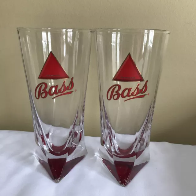 BASS Beer Ale Red Triangle Bottom 16 oz Pilsner Glasses 7 1/2" Tall Lot Set of 2