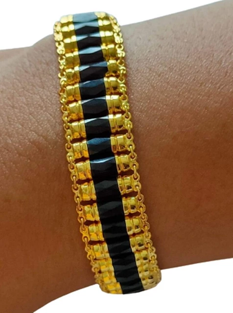 Men Gold Garnet Bracelet 22k Gorgeous Thai Pattern Jewelry Auth 22.54g 6.5 inch