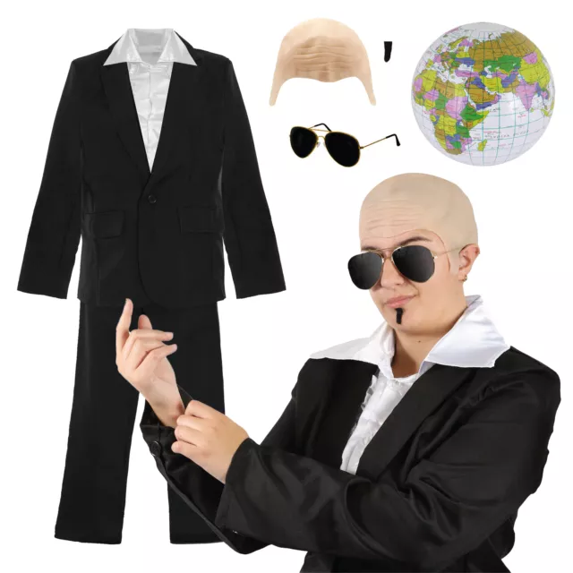 Mr Worldwide Pitbull Fancy Dress Costume Suit Bald Cap Glasses Beard Funny 00'S