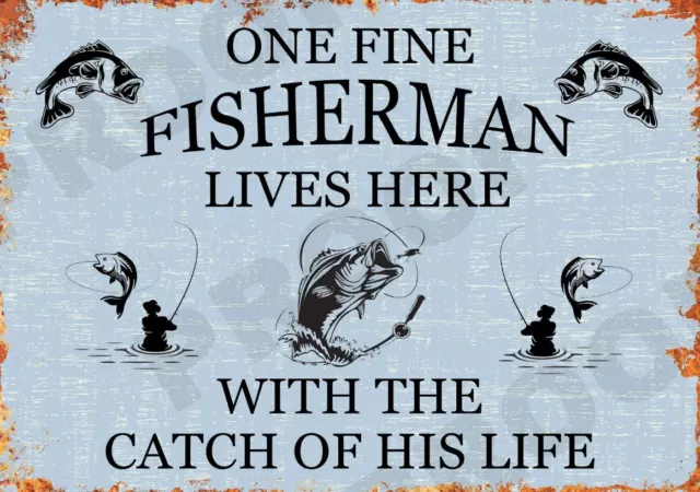 Funny Fisherman Lives Here Metal Sign Humour Man Cave Bar Garden Home Fishing