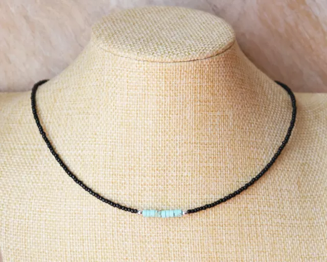 Tiny Seed Beaded Summer Choker, Turquoise Beaded Necklace, Black Beaded Choker