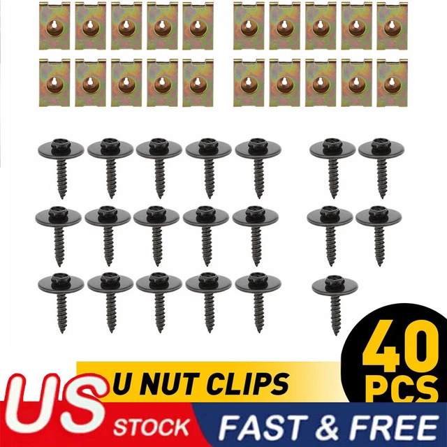 40xMetal Car Screw Body Fender Bumper Retainer U Nut Clips Gasket Fastener Kit