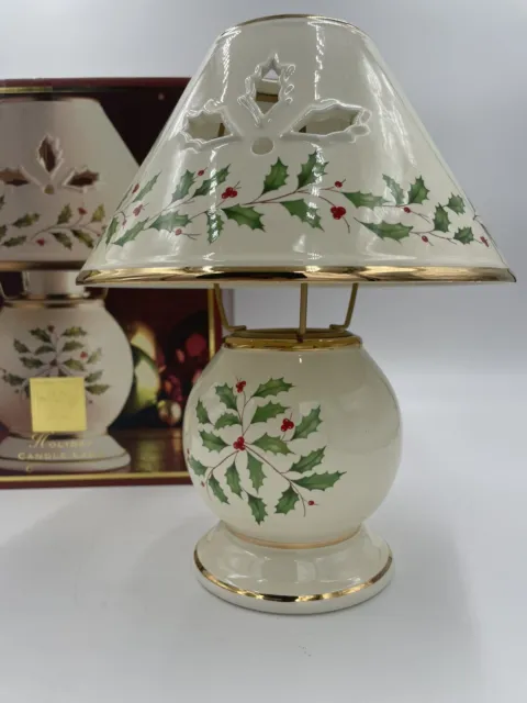 Lenox Christmas Holly Holiday Berry Candle Lamp W/Shade 10” Tall Fairy Light EUC