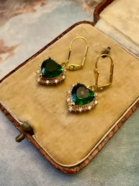 Art Deco Joli Cœur Émeraude, Cristal Bouclés D’oreilles Anciennes