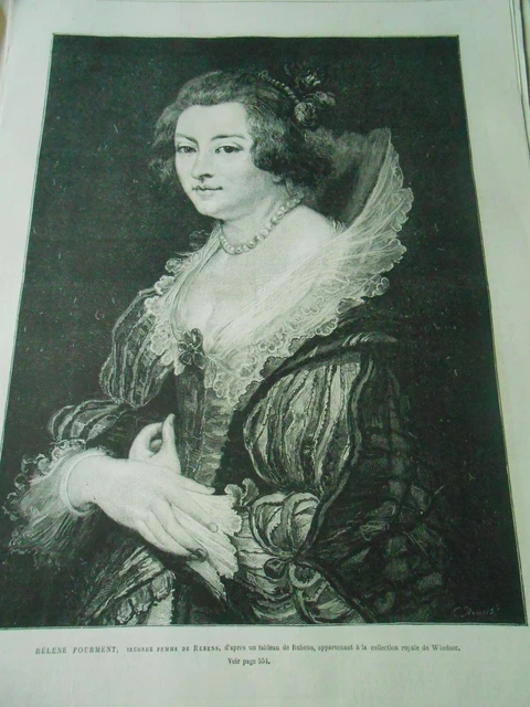 Gravure 1877 - Hélène Fourment femme de Rubens Portrait