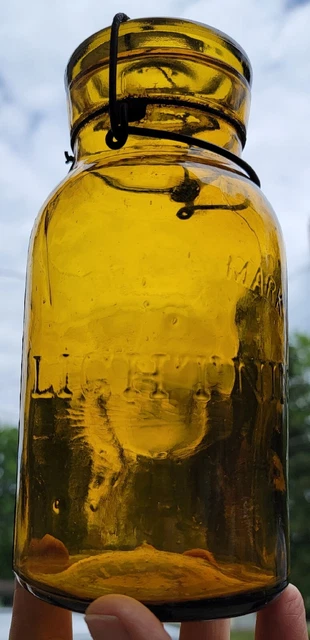 Gorgeous Antique Trademark Lightning Fruit Jar Yellow Amber Quart c1880’s