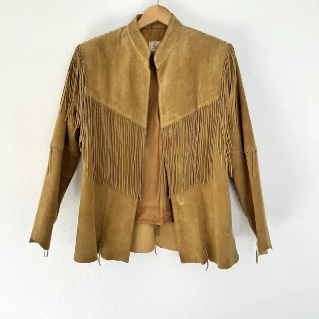 Women's Scully Tan Leather Suede Jacket with Fringe Size M READ