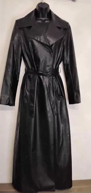 New Look Y2K Faux Leather Black Women's Long Trench Coat Matrix Goth  Uk 10 Belt