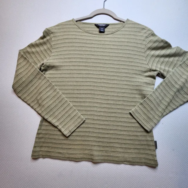 Woolrich Womens Top Shirt Small Beige Green Striped Pullover 100% Cotton