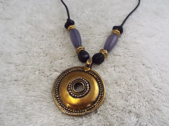 Goldtone Purple Bead Black Cord Pendant Necklace (C12)