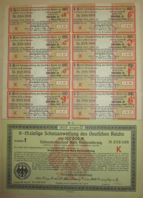GERMANY German 8-15% Treasury Bond 100,000 Marks 1923 with coupons