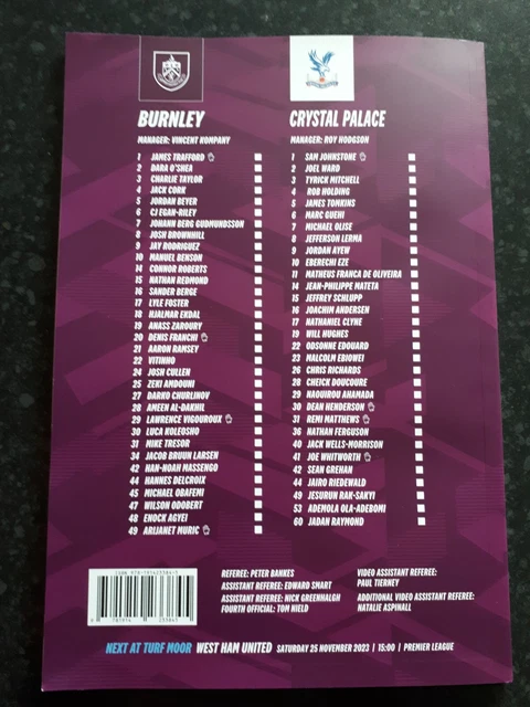 BURNLEY V CRYSTAL Palace programme 4 Nov 2023. Very clean, unmarked $3. ...
