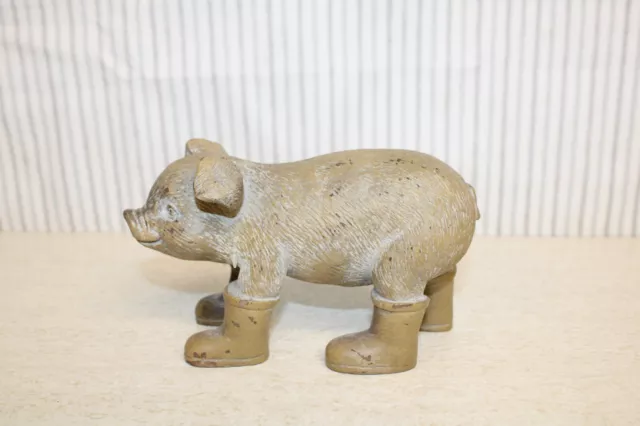 Grayish Brown Distressed Resin Pig in Rain Boots Figurine - ADORABLE!!!