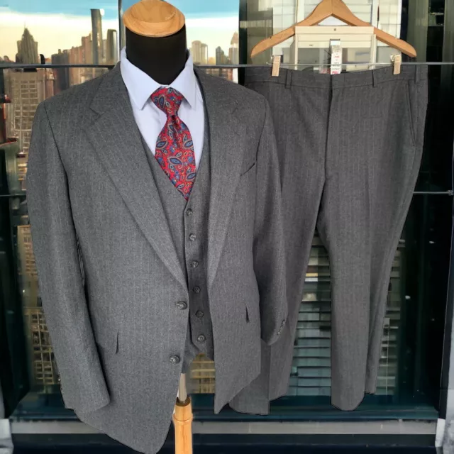 Vtg 3 Piece Flannel Suit 44L Chalk Stripe 70s Bespoke By Witlin Gallagher 38x29