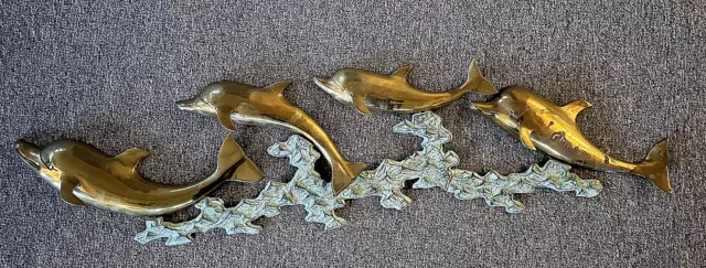 Vintage Large MCM 4 Brass Dolphins On Ocean Waves Hanging Wall Sculpture 40"x10"