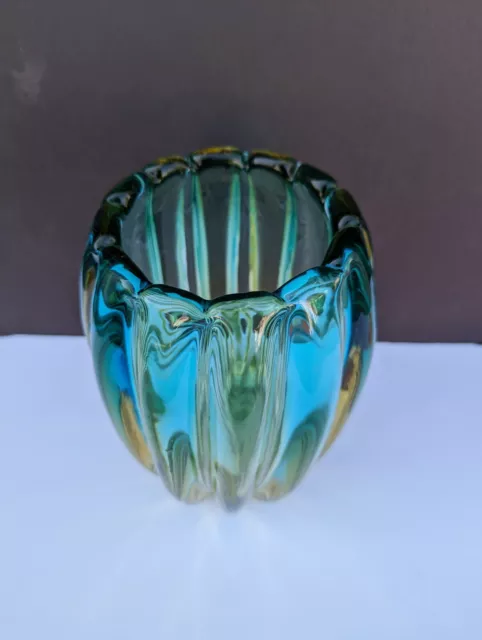 Vintage Alfredo Barbini Murano Ribbed Melon Turquoise Lime  Green Glass Art Vase