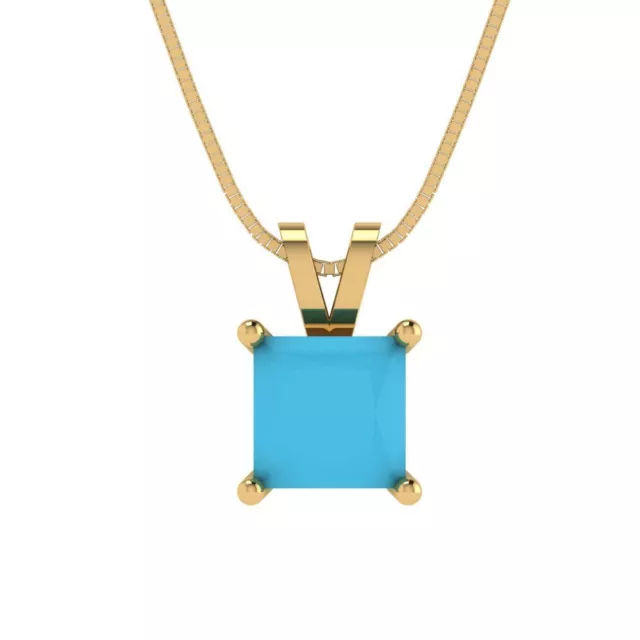 1 ct Princess Cut Simulated Blue Turquoise Pendant 16" chain 14k Yellow gold