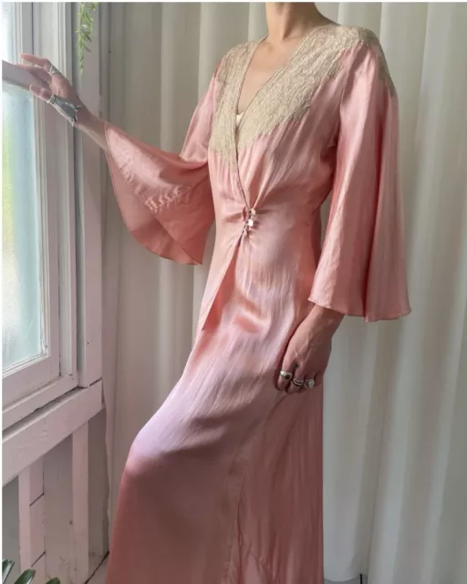 1930s Silk Lace Robe Dressing Gown Dress Pink Long
