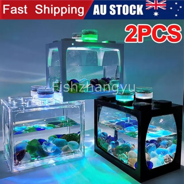 2PCS Mini Aquarium USB Fish Tank With LED Lamp Light Betta Cylinder Fish Tank