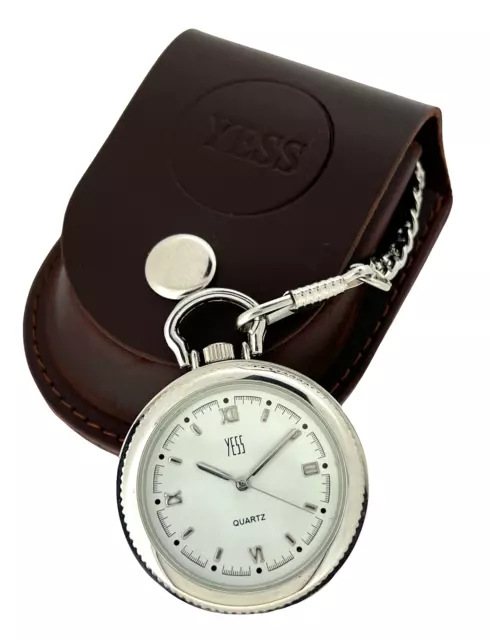 YESS Pocket Watch & Silver Chain With A Genuine Leather Brown Belt Pouch