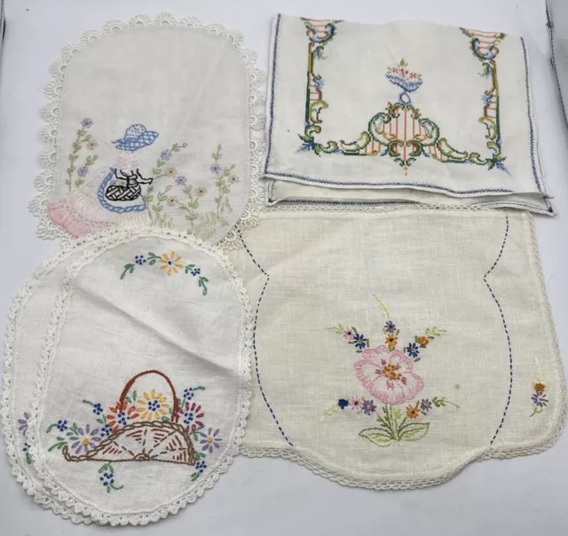 Lot Of 5 Vintage Table Doilies Embroidered Hand Stitched Floral