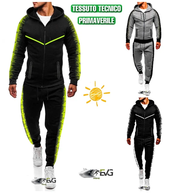 Tuta Uomo Aperta Primaverile Completo Sport Felpa Tecnica Cappuccio Slim Fit Evg