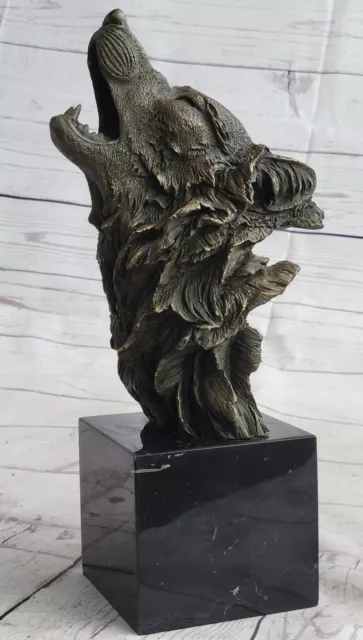 Firmado Original Llorando Lobo Bronce Escultura Busto En Mármol Figura Venta