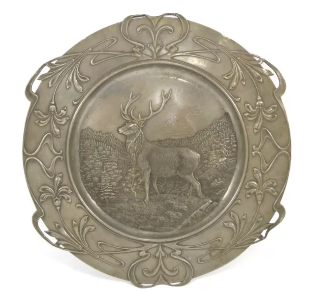 Paar Jugendstil Wandteller Jagd Hirsch Zinn 2