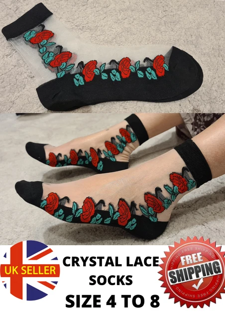 Ladies Ultra Thin Women Floral Transparent Crystal Lace Elastic Sheer Socks