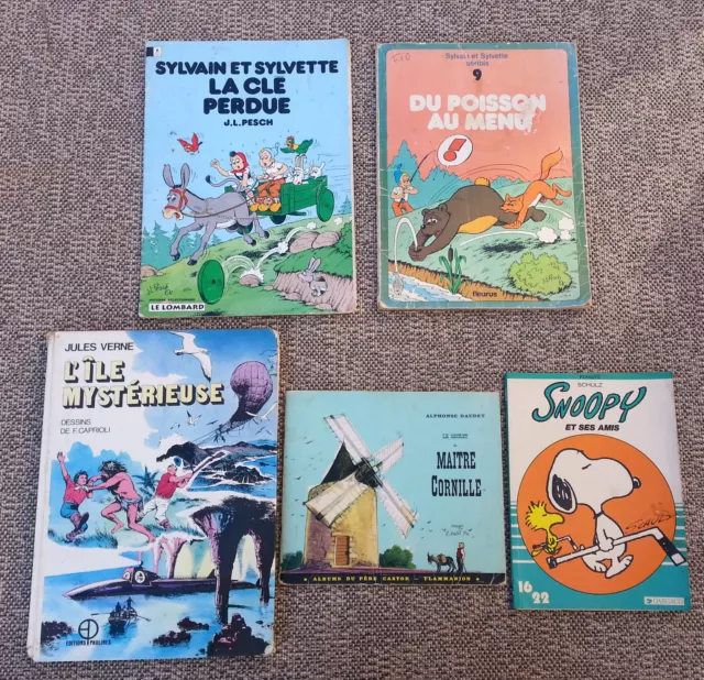 5 anciens livres pour enfants Snoopy Sylvain et Sylvette J.Verne.old french book