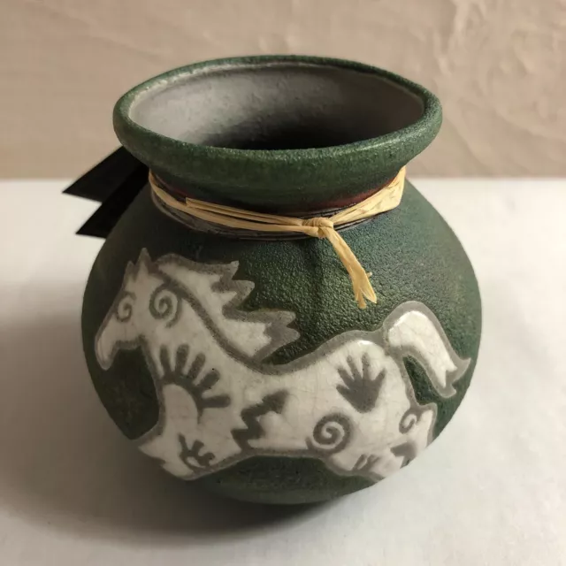 Jeremy Diller Raku Art Pottery Spirit Jar Horse/Pony Blue Green Iridescent 3"