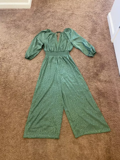 Andrew Marc Satin Green Leopard Wide Leg Crop Jumpsuit Evergreen Sz L NEW $108