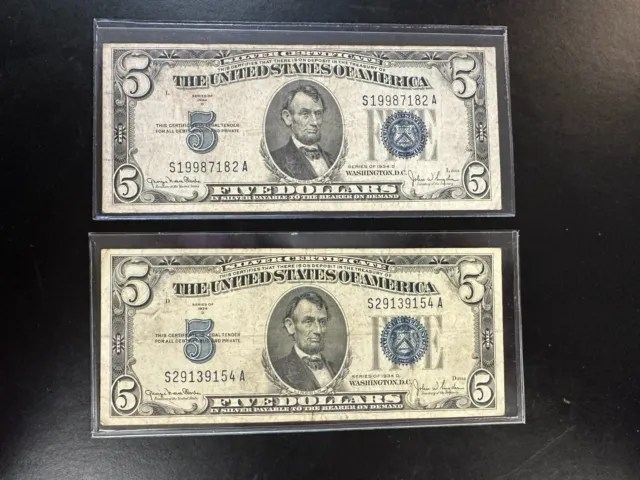 Lot of 2, 1934 Series D FIVE DOLLAR BILL BLUE SEAL $5 SILVER CERTIFICATE