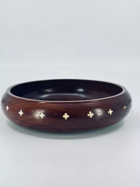 Vintage Inlaid Wooden Bowl Hand Carved with Star / Cross Pattern 6"D Home Decor
