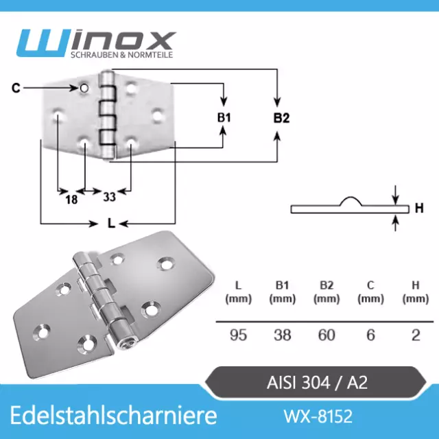 Scharnier Scharniere V2A V4A  Türscharnier Möbelscharnier Türband | 60x95x2,0mm