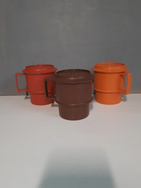 Lot De 3 Mugs Vintage Tupperware Avec Couvercles - 0,25 Cl - Occasion Empilables