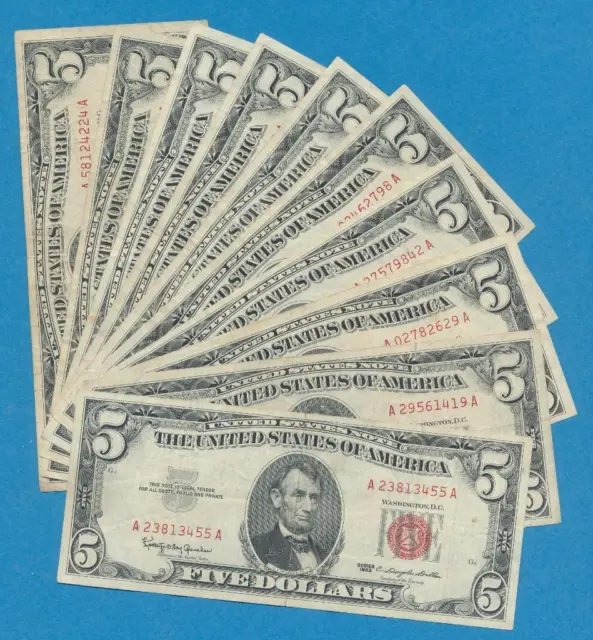 10-$5.00 1963 Series Red Seal United States Notes, Dealers Lot
