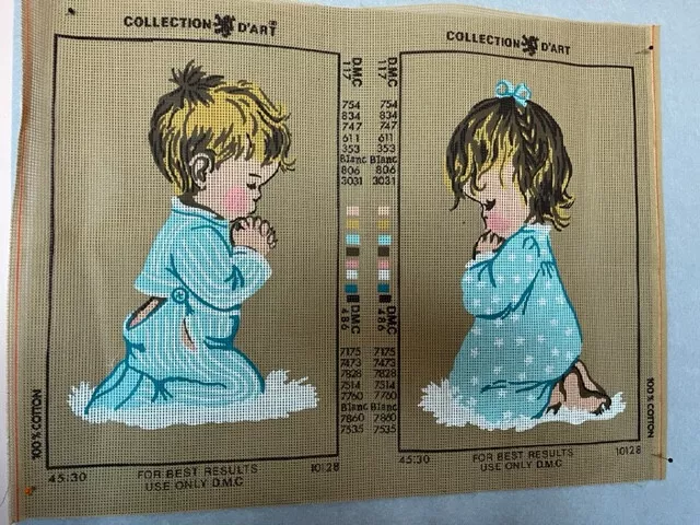 Two Praying Children Bedtime Vintage Needlepoint Tapestry Canvas