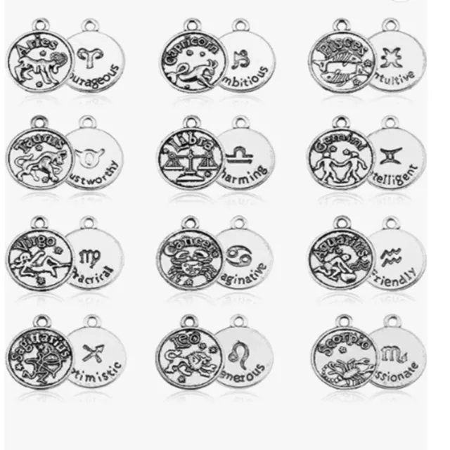 Antique Tibetan Silver Round Zodiac Sign Charms  For Crafting