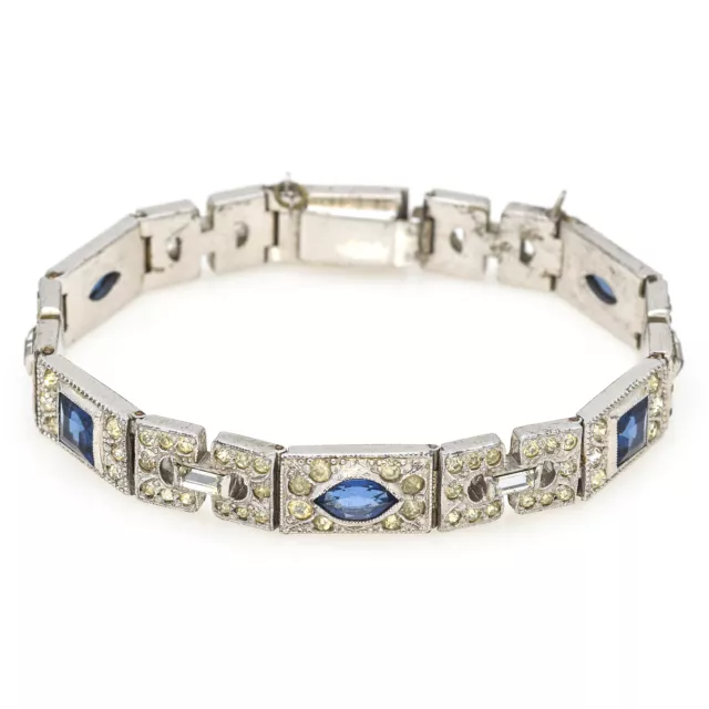 Antique Art Deco Silver Plated Blue Paste & Rhinestone Tennis Bracelet + Box