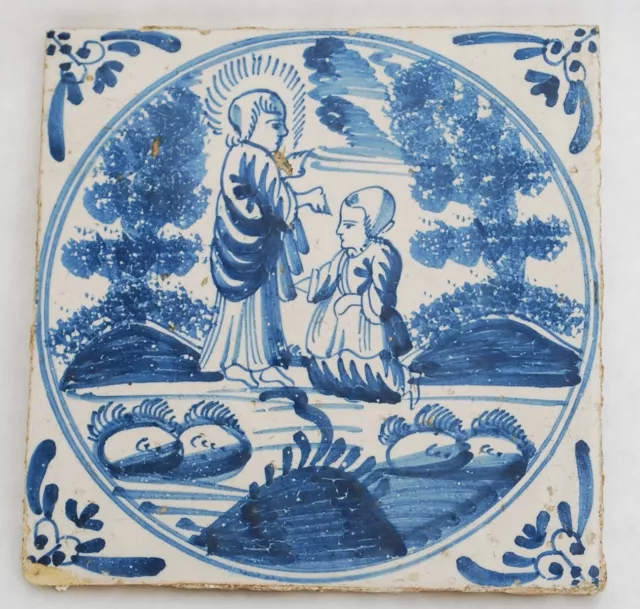 Antique / Vintage Delft Dutch Blue & White 5" Tile Man & Woman Hand Painted