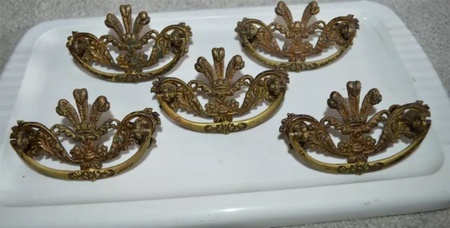 Set 5 Solid Cast Brass Ornate Filigree Antique drawer/ secretary buffet pulls