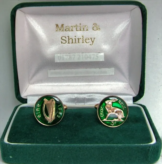 IRISH Cufflinks made from old IRELAND Threepence coins in GREEN & Gold